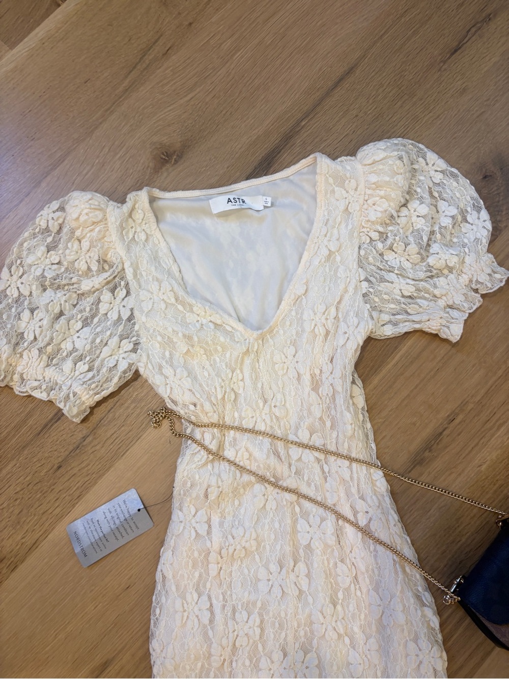 ASTR Cream Lace Puff Sleeve Dress with V-Neck